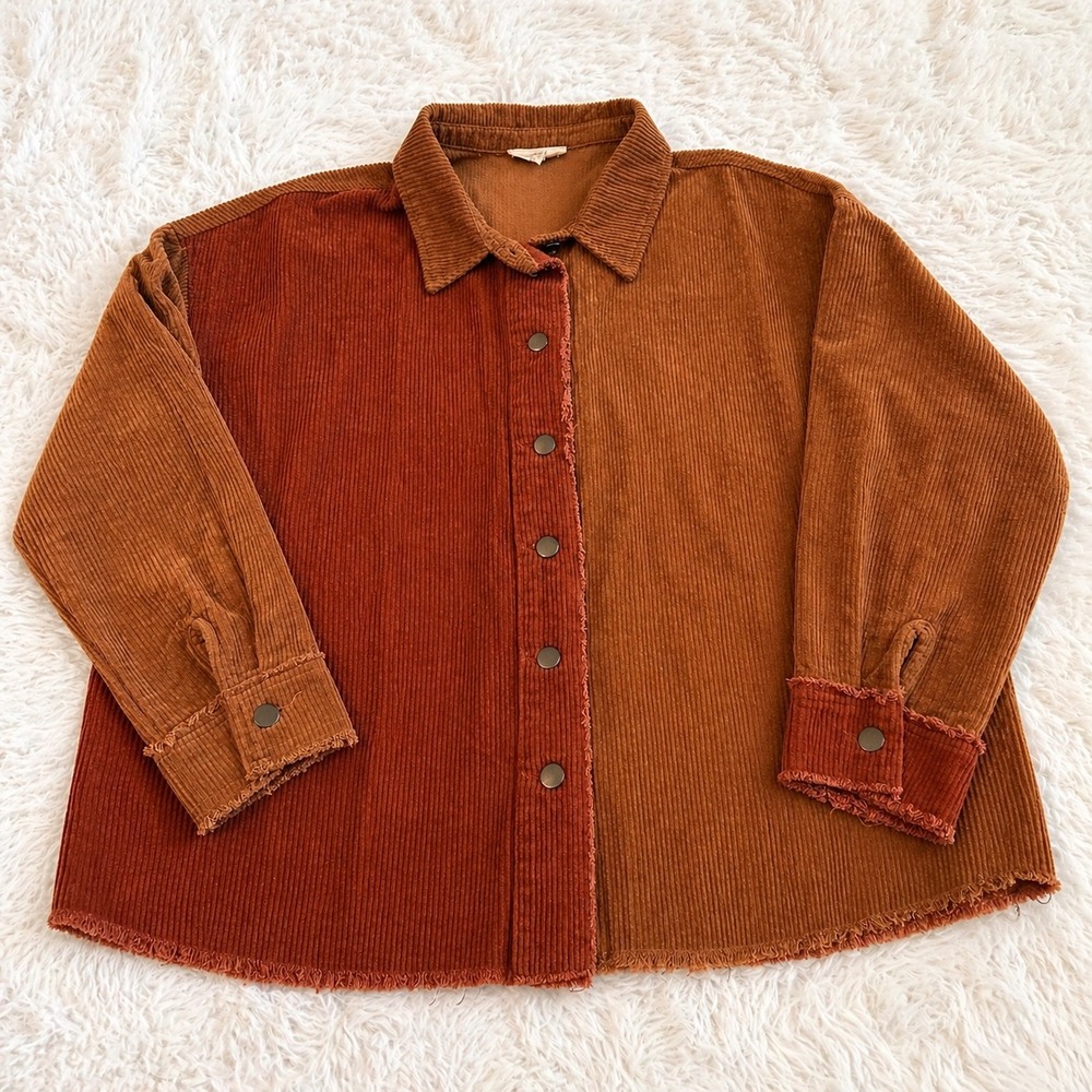 Easel Women‎ Colorblock Corduroy Shacket Rust Brown Oversized Snap Button Medium